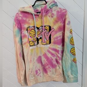 Retro MTV Graphic Tie-Dye Pullover Hoodie with Smiley Sleeve Detail